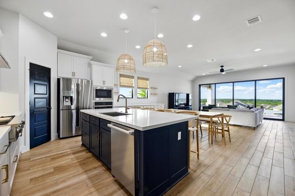 Dining room, Interior, Kitchen, Living room, Pendant Lights, Recessed Lighting, Stainless Steel Appliances, Wood Texture Flooring