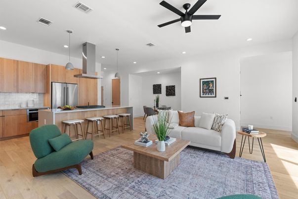 Dining room, Interior, Kitchen, Living room, Pendant Lights, Recessed Lighting, Stainless Steel Appliances, Wood Texture Flooring