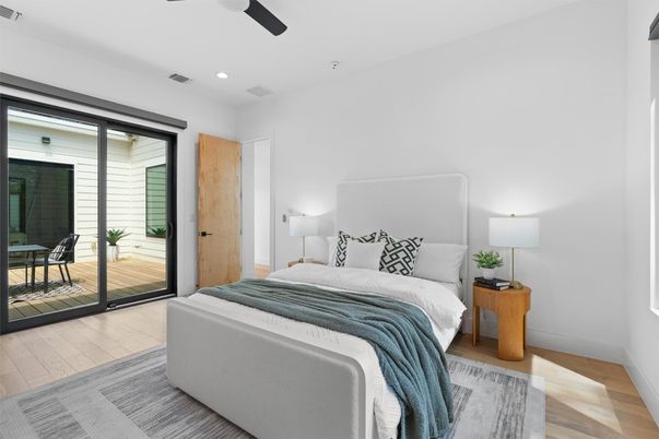 Bedroom, Interior, Recessed Lighting, Wood Texture Flooring