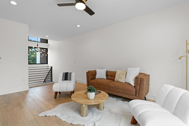 Interior, Living room, Pendant Lights, Recessed Lighting, Wood Texture Flooring