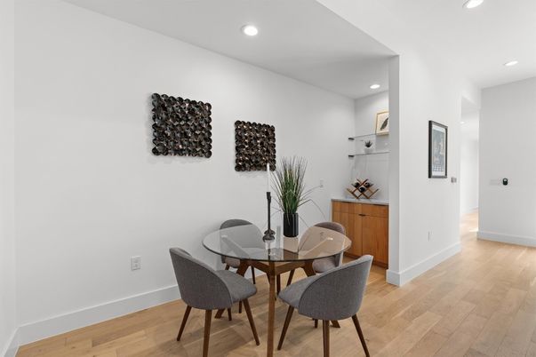 Dining room, Interior, Recessed Lighting, Wood Texture Flooring