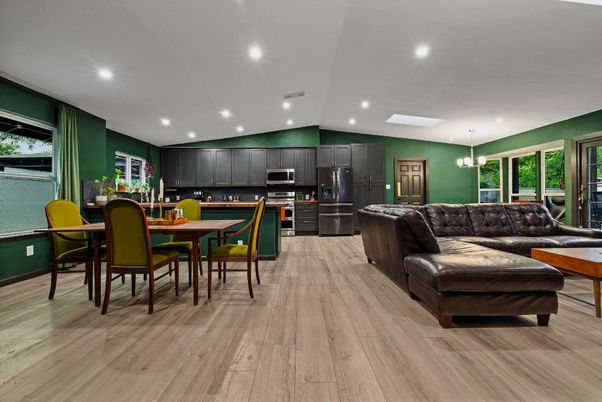 Dining room, Interior, Kitchen, Living room, Pendant Lights, Recessed Lighting, Stainless Steel Appliances, Wood Texture Flooring