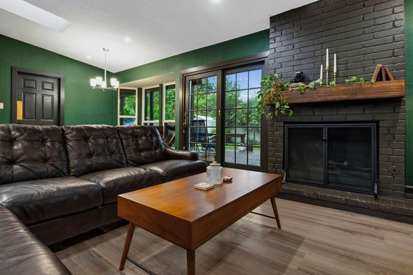 Fireplace, Interior, Living room, Pendant Lights, Recessed Lighting, Stone Walls, Wood Texture Flooring