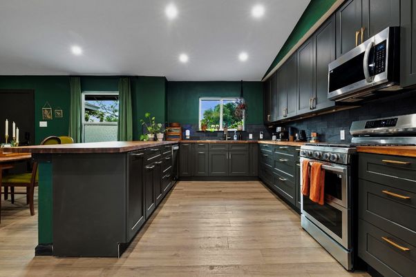 Interior, Kitchen, Recessed Lighting, Stainless Steel Appliances, Wood Texture Flooring