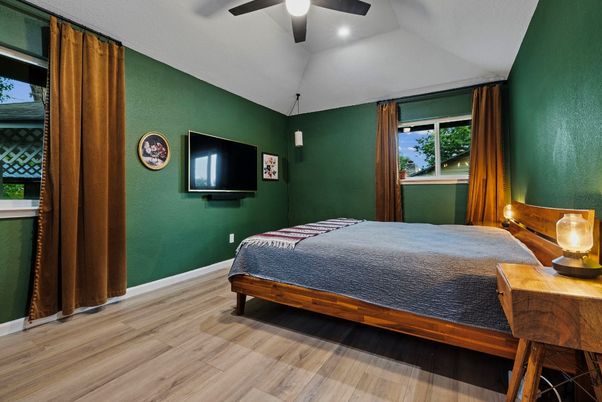 Bedroom, Interior, Recessed Lighting, Wood Texture Flooring