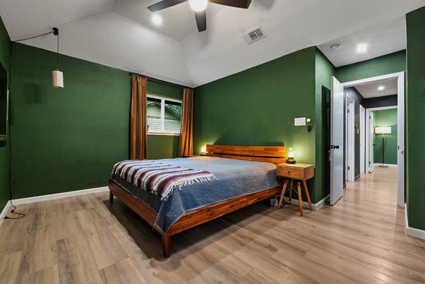 Bedroom, Interior, Pendant Lights, Recessed Lighting, Wood Texture Flooring