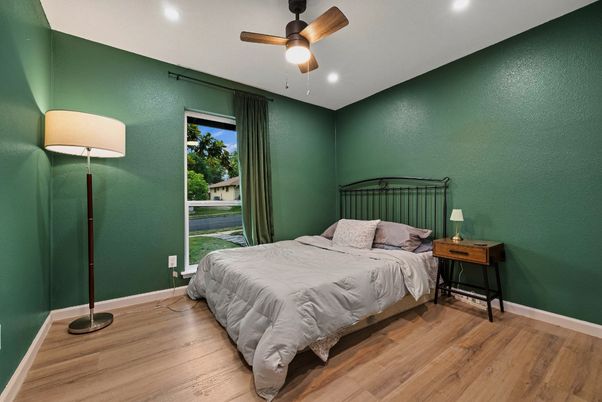 Bedroom, Interior, Recessed Lighting, Wood Texture Flooring