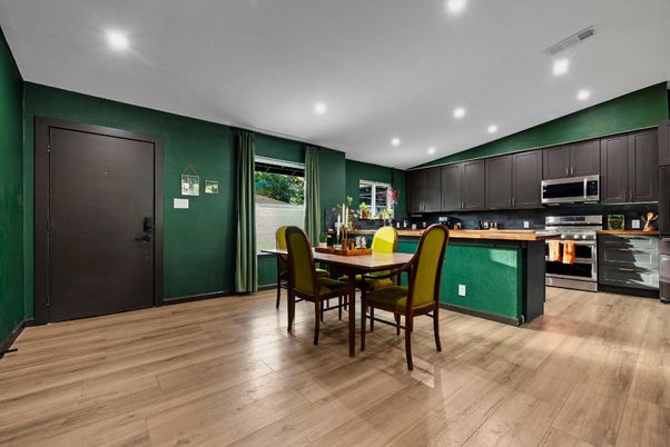 Dining room, Interior, Kitchen, Recessed Lighting, Stainless Steel Appliances, Wood Texture Flooring