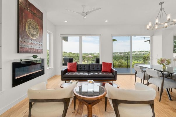 Chandelier, Dining room, Fireplace, Interior, Living room, Recessed Lighting, Wood Texture Flooring