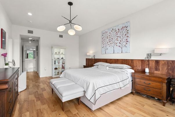 Bedroom, Interior, Pendant Lights, Recessed Lighting, Wood Texture Flooring