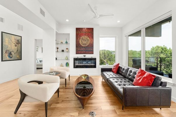 Fireplace, Interior, Living room, Recessed Lighting, Wood Texture Flooring