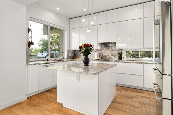 Interior, Kitchen, Pendant Lights, Recessed Lighting, Stainless Steel Appliances, Wood Texture Flooring