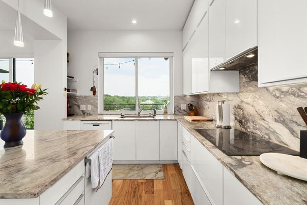 Interior, Kitchen, Marble Walls, Pendant Lights, Recessed Lighting, Wood Texture Flooring