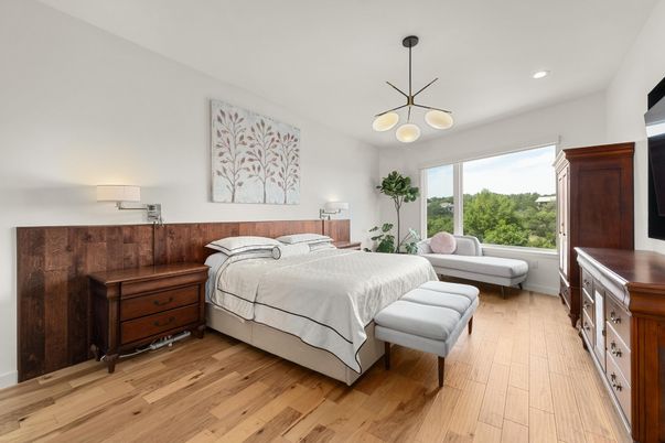 Bedroom, Interior, Pendant Lights, Recessed Lighting, Wood Texture Flooring