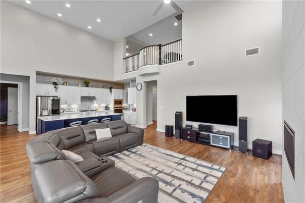 Interior, Kitchen, Living room, Recessed Lighting, Stainless Steel Appliances, Wood Texture Flooring