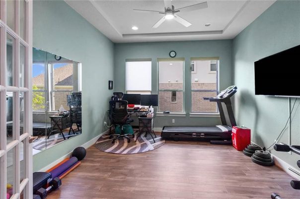 Fitness Equipment, Home Office, Interior, Recessed Lighting, Wood Texture Flooring