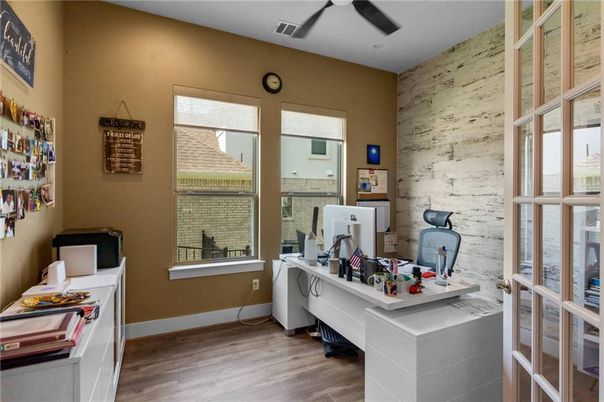 Home Office, Interior, Stone Walls, Wood Texture Flooring