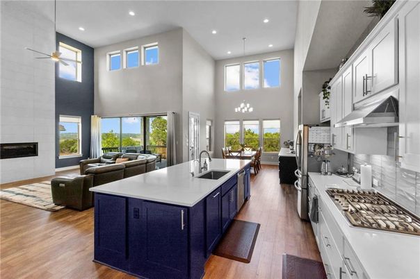 Dining room, Fireplace, Interior, Kitchen, Living room, Pendant Lights, Recessed Lighting, Wood Texture Flooring