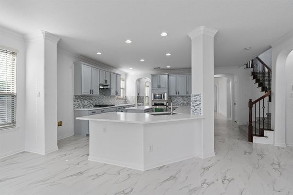 Interior, Kitchen, Marble, Recessed Lighting, Stainless Steel Appliances