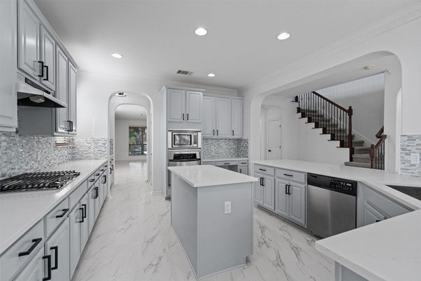 Interior, Kitchen, Marble, Recessed Lighting, Stainless Steel Appliances