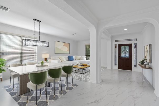 Dining room, Interior, Living room, Marble, Pendant Lights, Recessed Lighting