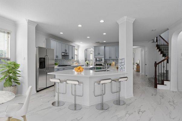Interior, Kitchen, Marble, Recessed Lighting, Stainless Steel Appliances