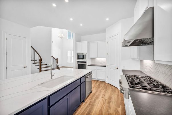 Chandelier, Interior, Kitchen, Recessed Lighting, Stainless Steel Appliances, Wood Texture Flooring