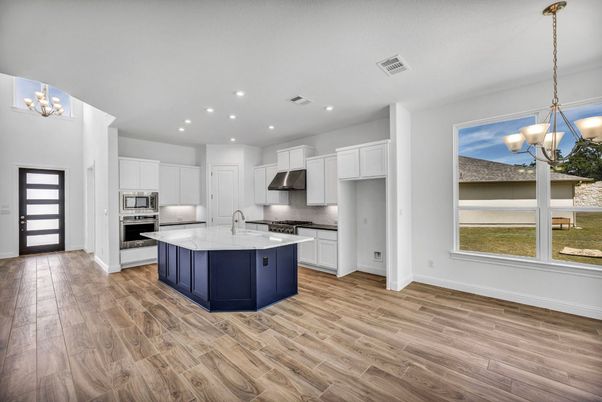 Chandelier, Interior, Kitchen, Pendant Lights, Recessed Lighting, Stainless Steel Appliances, Wood Texture Flooring