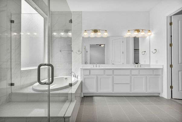 Bathroom, Dual Sink Vanities, Glass Shower, Interior, Marble Walls