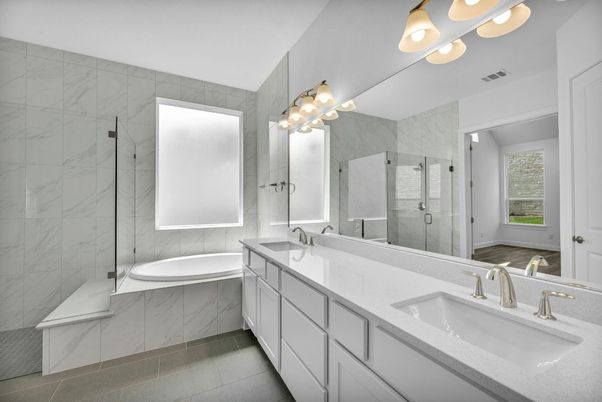 Bathroom, Dual Sink Vanities, Glass Shower, Interior, Marble Walls