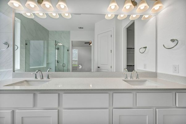 Bathroom, Dual Sink Vanities, Glass Shower, Interior, Marble Walls