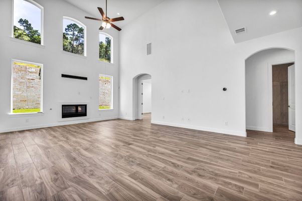 Empty room, Fireplace, Interior, Recessed Lighting, Wood Texture Flooring