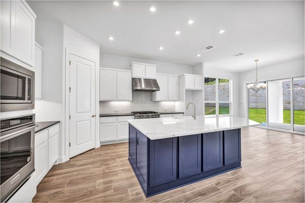 Chandelier, Interior, Kitchen, Recessed Lighting, Stainless Steel Appliances, Wood Texture Flooring