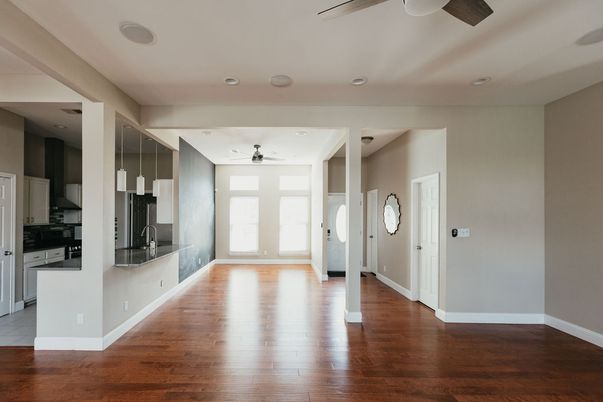 Empty room, Interior, Kitchen, Recessed Lighting, Wood Texture Flooring
