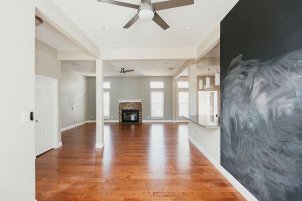 Empty room, Fireplace, Interior, Recessed Lighting, Wood Texture Flooring