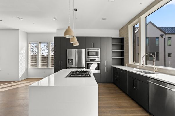 Interior, Kitchen, Pendant Lights, Recessed Lighting, Stainless Steel Appliances, Wood Texture Flooring