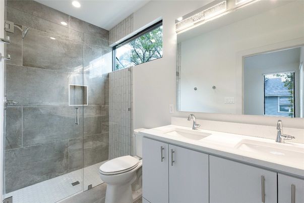 Bathroom, Dual Sink Vanities, Glass Shower, Interior, Recessed Lighting