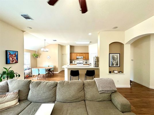 Dining room, Interior, Kitchen, Living room, Pendant Lights, Recessed Lighting, Stainless Steel Appliances, Wood Texture Flooring