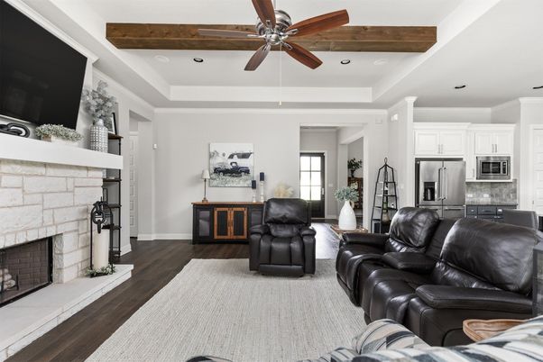 Fireplace, Interior, Kitchen, Living room, Recessed Lighting, Stainless Steel Appliances, Stone Walls, Wooden Beams, Wood Texture Flooring