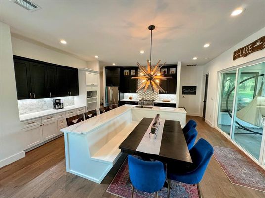 Dining room, Interior, Kitchen, Pendant Lights, Recessed Lighting, Stainless Steel Appliances, Wood Texture Flooring
