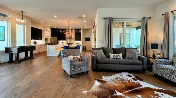 Dining room, Interior, Kitchen, Living room, Pendant Lights, Recessed Lighting, Wood Texture Flooring