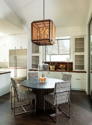 Chandelier, Dining room, Interior, Kitchen, Pendant Lights, Stainless Steel Appliances, Wood Texture Flooring