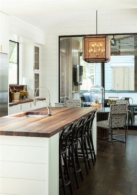 Chandelier, Dining room, Interior, Kitchen, Stainless Steel Appliances, Wood Texture Flooring