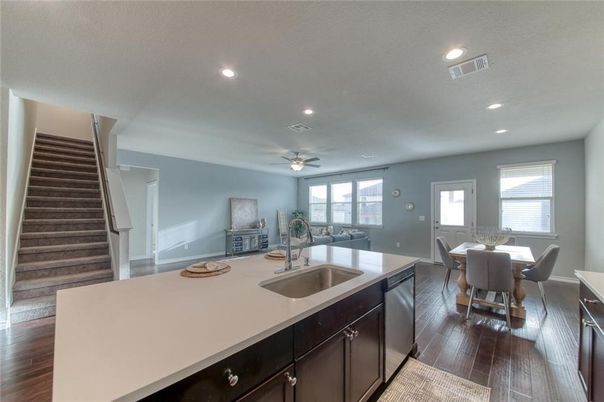 Dining room, Interior, Kitchen, Recessed Lighting, Wood Texture Flooring