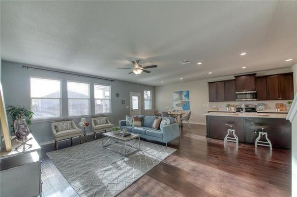 Dining room, Interior, Kitchen, Living room, Recessed Lighting, Wood Texture Flooring