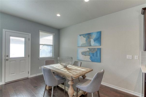 Dining room, Interior, Recessed Lighting, Wood Texture Flooring