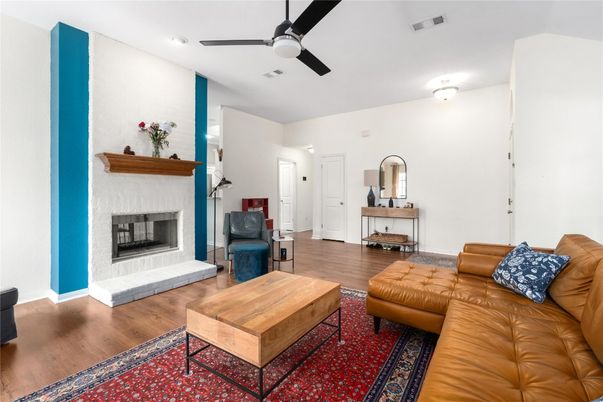 Fireplace, Interior, Living room, Recessed Lighting, Wood Texture Flooring