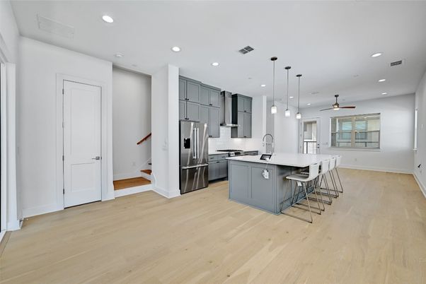 Interior, Kitchen, Pendant Lights, Recessed Lighting, Stainless Steel Appliances, Wood Texture Flooring