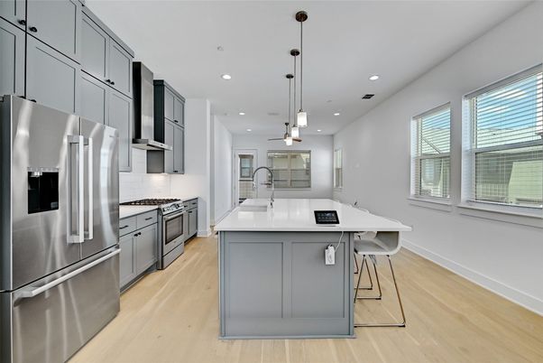 Interior, Kitchen, Pendant Lights, Recessed Lighting, Stainless Steel Appliances, Wood Texture Flooring
