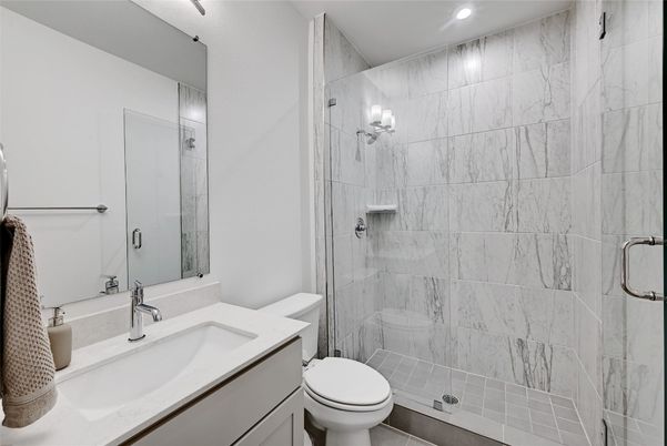 Bathroom, Glass Shower, Interior, Marble Walls, Recessed Lighting